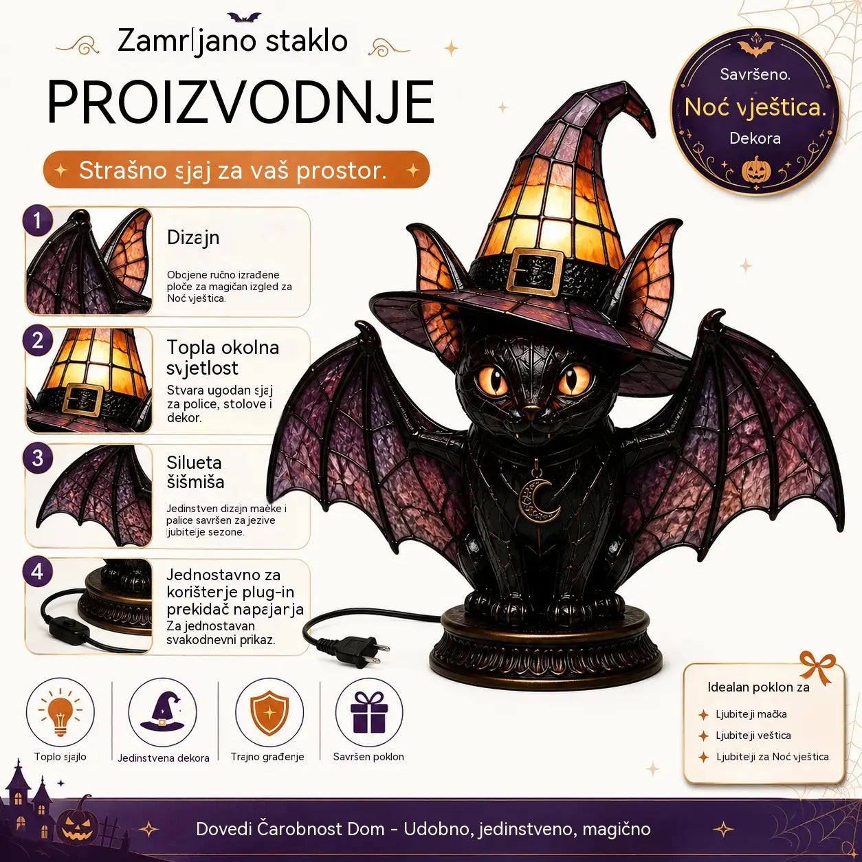 🧙‍♀️✨Lampa s vještičjim šeširom i mačjim motivom, akrilni 3D ukras za rukotvorine, ukras za stol/stolna lampa