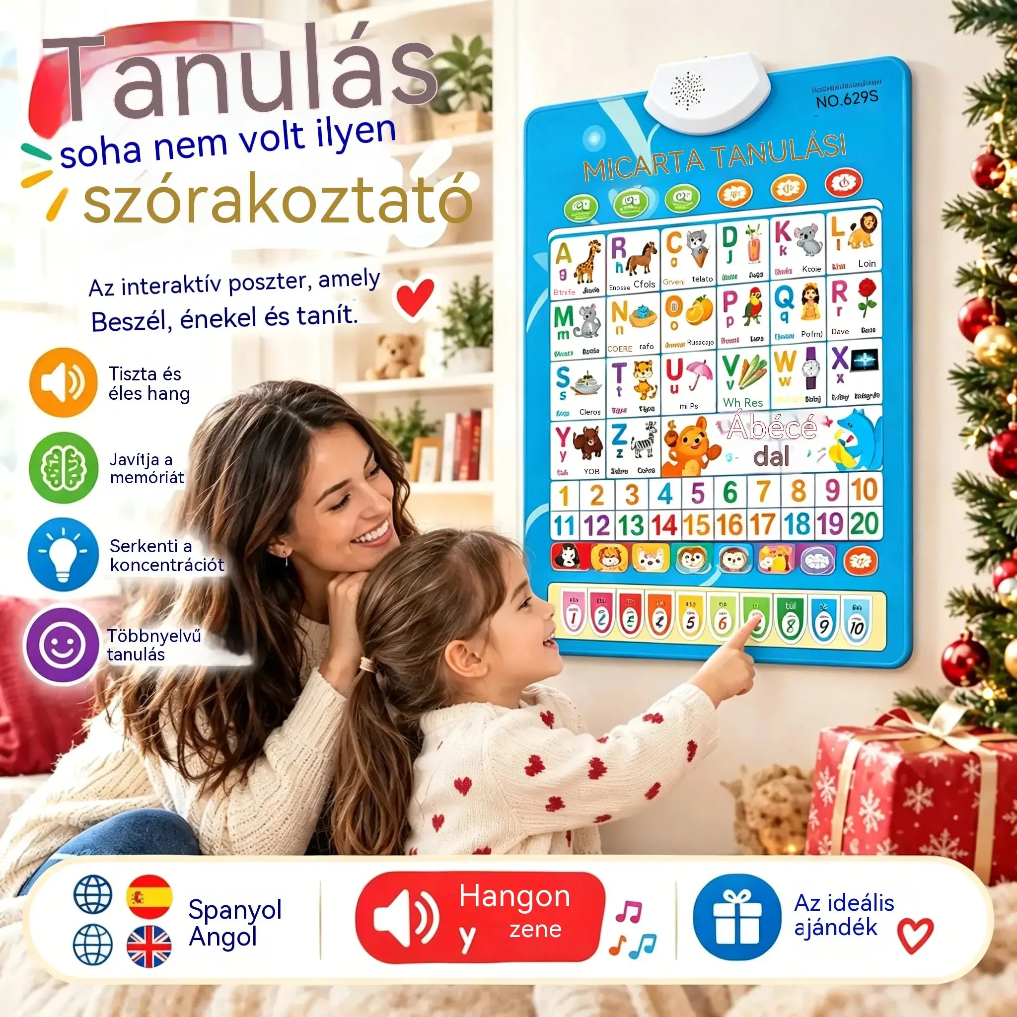 🔊 Kétnyelvű Beszélő Oktató Táblázat (spanyol-angol) | Hangos Ábécé (26/27 Betű) | Luxus Ajándékkészlet Gyermekeknek 🎁
