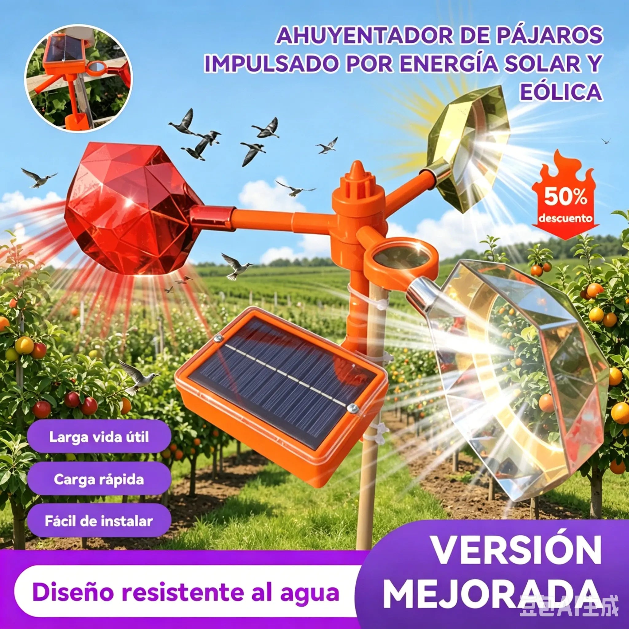 🐦☀️ Ahuyentador Solar de Aves · Protección con Sonido y Luz 360°