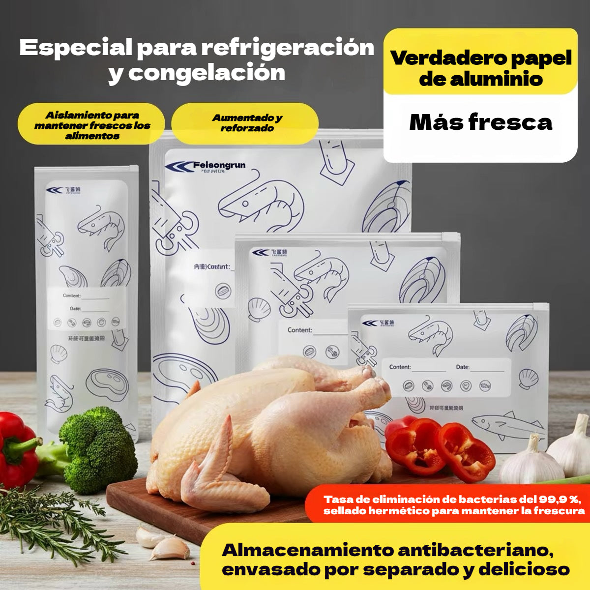 Bolsas de aluminio antibacterianas aptas para uso alimentario, para refrigerador o uso doméstico, para la conservación y el sellado de carne y verduras congeladas.