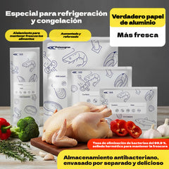 Bolsas de aluminio antibacterianas aptas para uso alimentario, para refrigerador o uso doméstico, para la conservación y el sellado de carne y verduras congeladas.