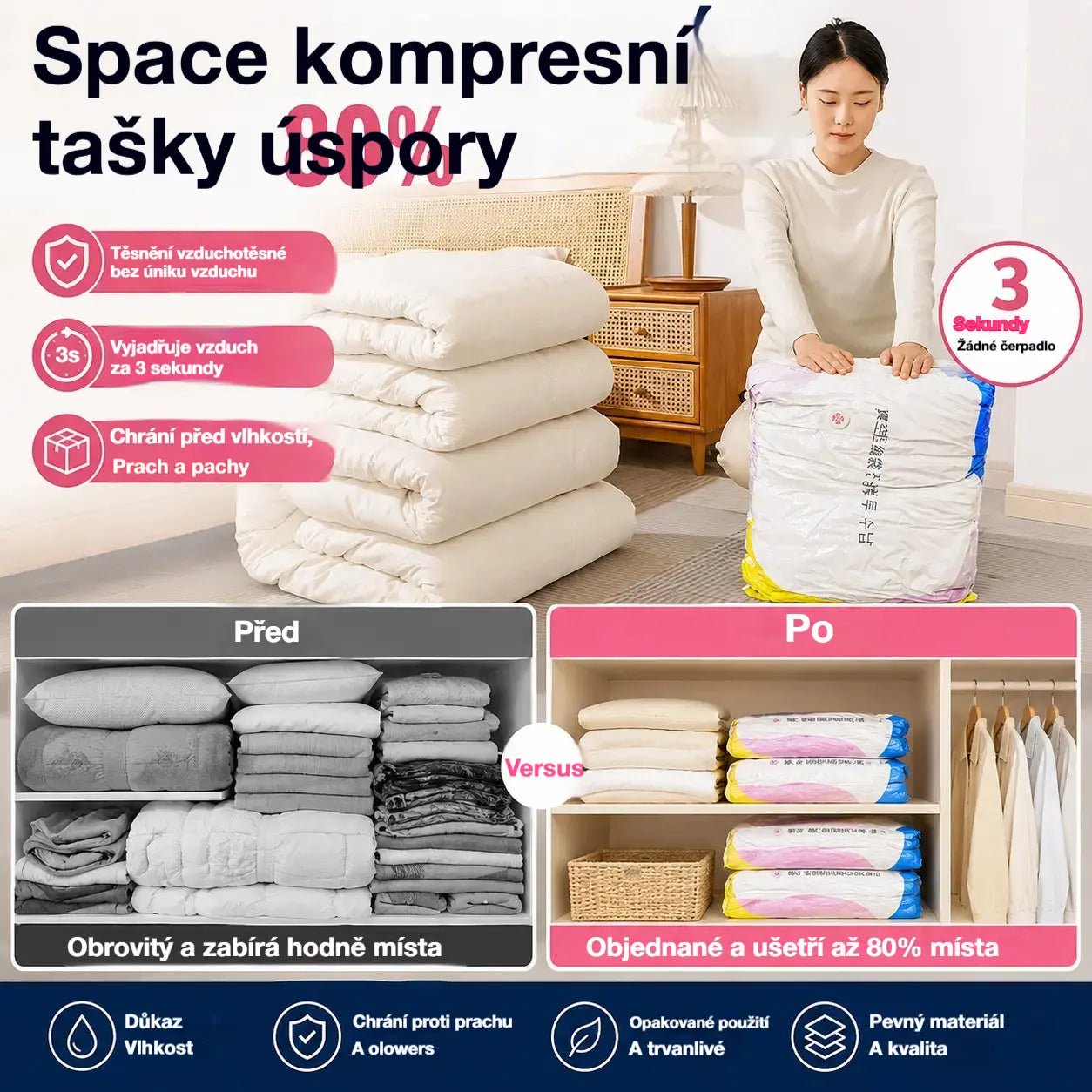 🧳💨 Velký, stlačitelný vakuový úložný sáček: není potřeba pumpa, nepropustný a ideální pro úsporu místa v kufrech i doma ✈️