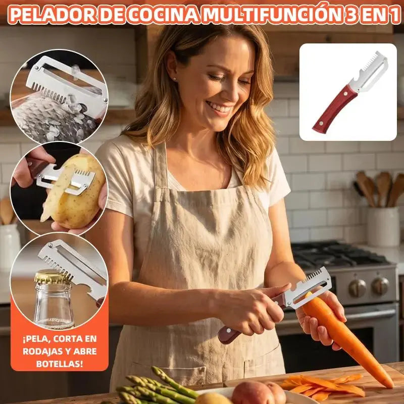 ✅Compra 1 y llévate 1 gratis (2 artículos) 🧅🔪 Pelador de cocina multifuncional 3 en 1: ¡Pela, corta y abre botellas! 🔥
