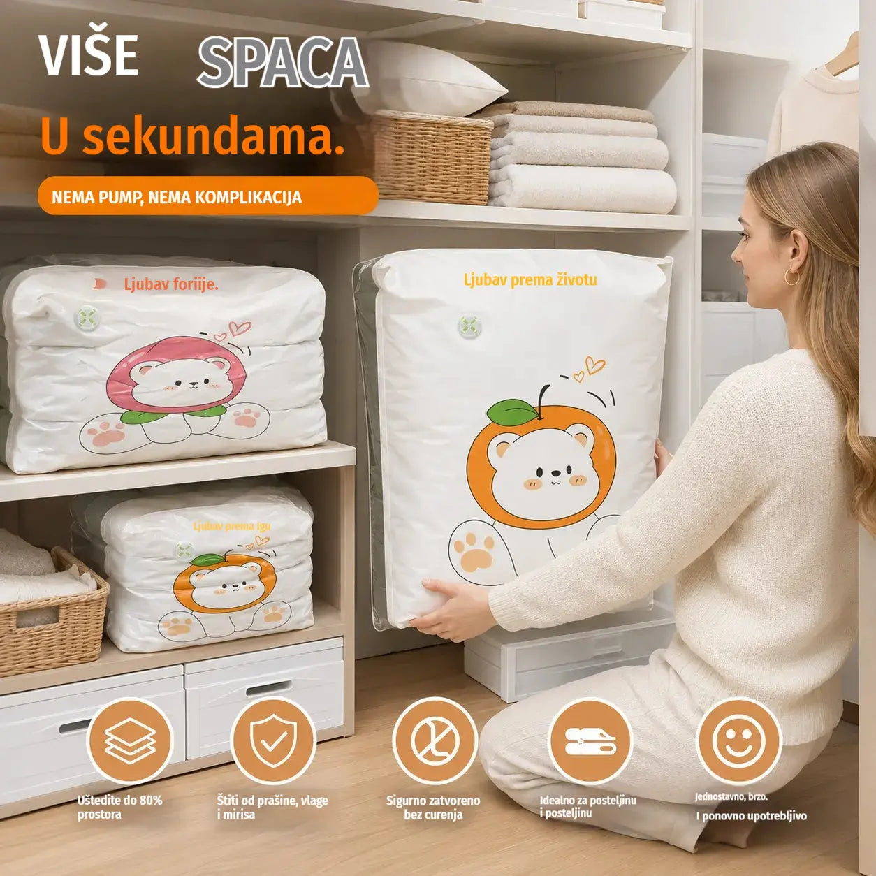 ✨🗃️ Set od 5 dijelova 💨 Velike kompresibilne vrećice za pohranu: Nije potrebna zračna pumpa, nepropusne, idealne za uštedu prostora u koferu i kod kuće ✈️