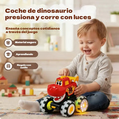 🦖🚗 Coche dinosaurio con función de arranque por pulsación: con una ligera presión, sale disparado acompañado de luces intermitentes y un rugido divertido ✨🎮