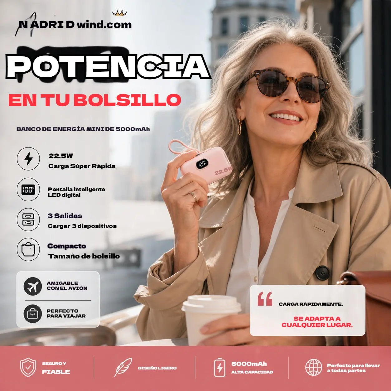 🔥🔥【5000 mAh】🔋✨ Mini Power Bank de 5000 mAh: carga de emergencia, ligero y fácil de usar 🎒⚡
