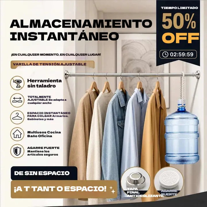 🛠️🚫 Barra de tensión ajustable: no requiere perforación, instalación en segundos, almacenamiento inteligente para el hogar 🏠✨