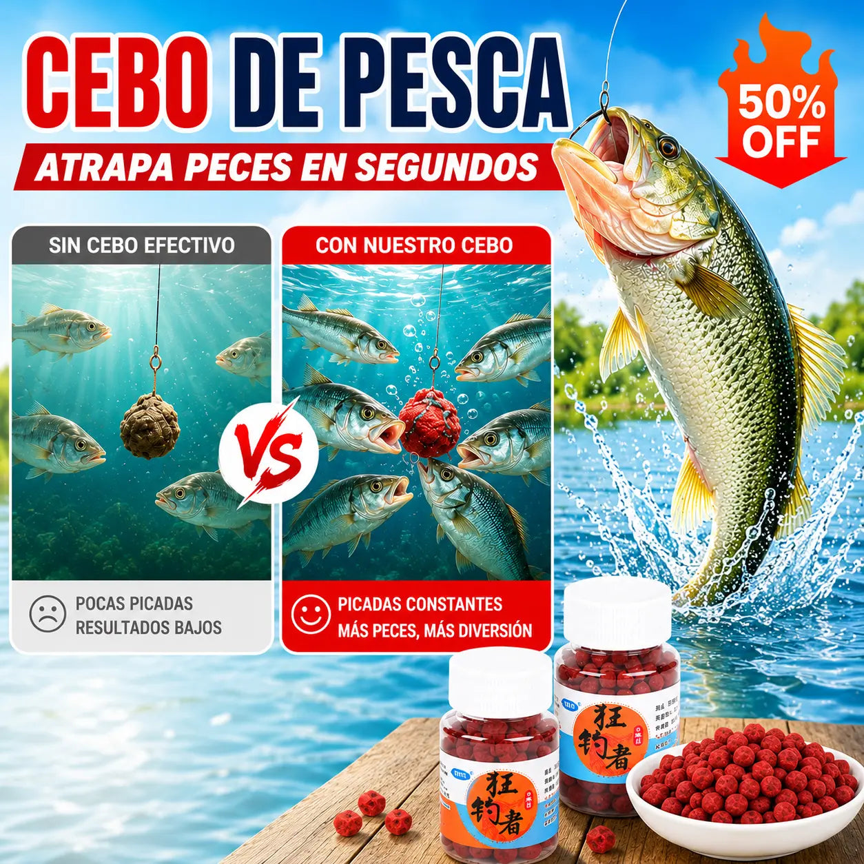 🔥🔥【10 piezas】(5 botellas de granulado grande + 5 botellas de granulado pequeño)Pellets de Cebo de Proteína Animal Fresca