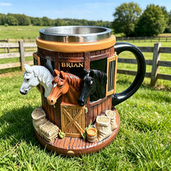 Taza de café 3D con temática de granja y establo, taza de acero inoxidable con relieve tridimensional, regalo ideal para amantes de los caballos.