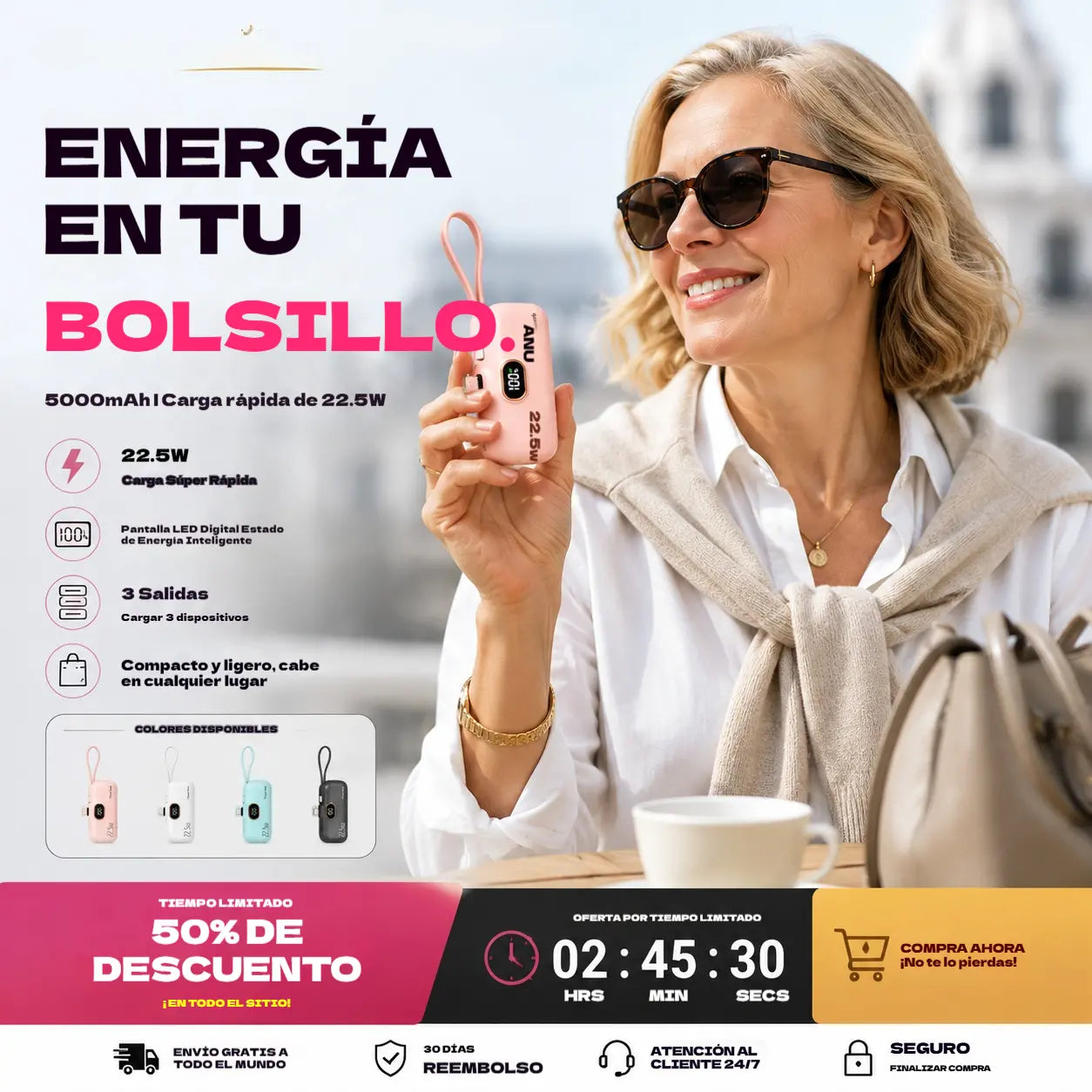 🔥🔥【5000 mAh】🔋✨ Mini Power Bank de 5000 mAh: carga de emergencia, ligero y fácil de usar 🎒⚡