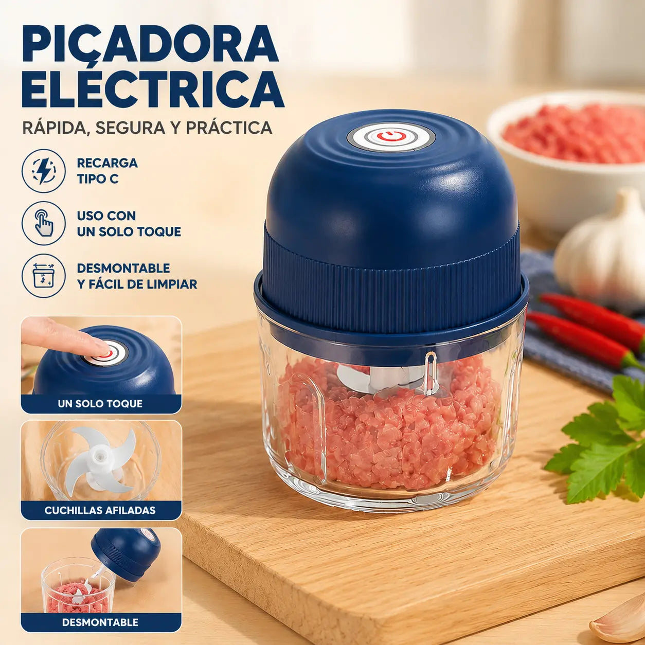 Picadora eléctrica de ajo, mini picadora portátil de verduras
