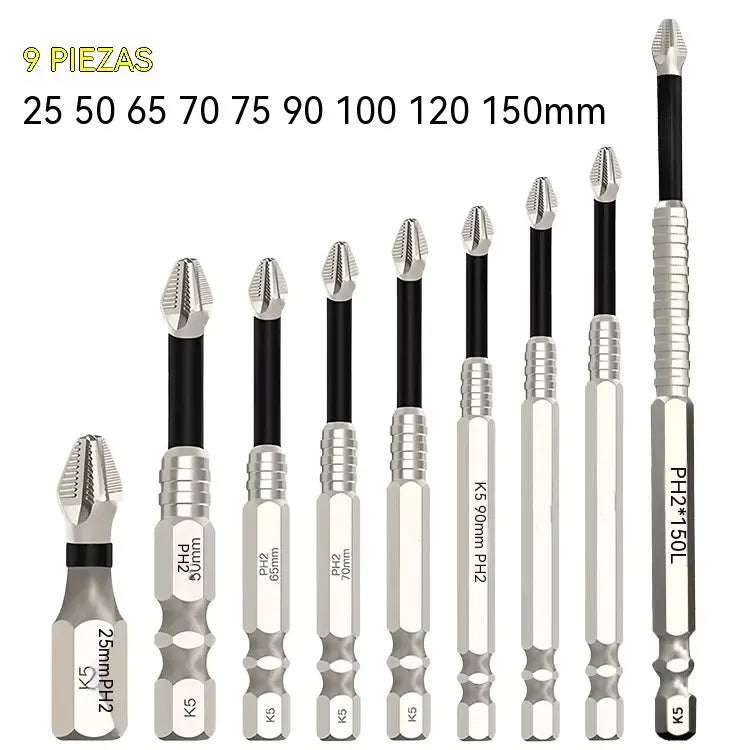 🧰⚒️ 【Juego de 9 puntas de destornillador antideslizantes K5 [25-150L]】 Puntas Phillips antideslizantes, magnéticas y de alta dureza para taladro eléctrico