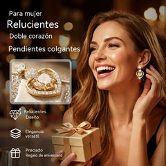 👑✨【¡Compra uno y llévate otro gratis! 】Pendientes colgantes de doble corazón brillantes para mujer.