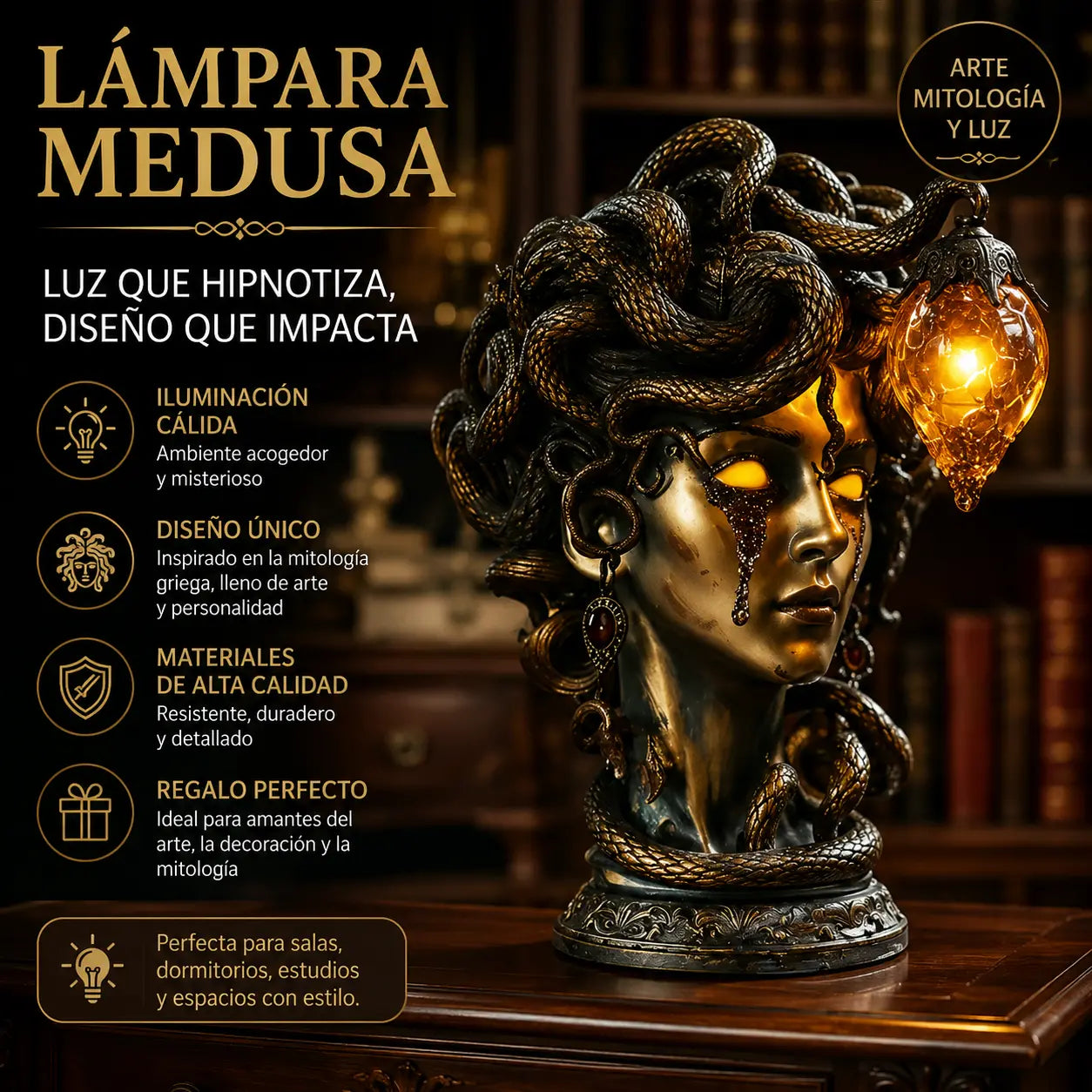 ✨🐍Lámpara de mesa con estatua de Medusa, monstruo mítico gótico, adorno de resina.