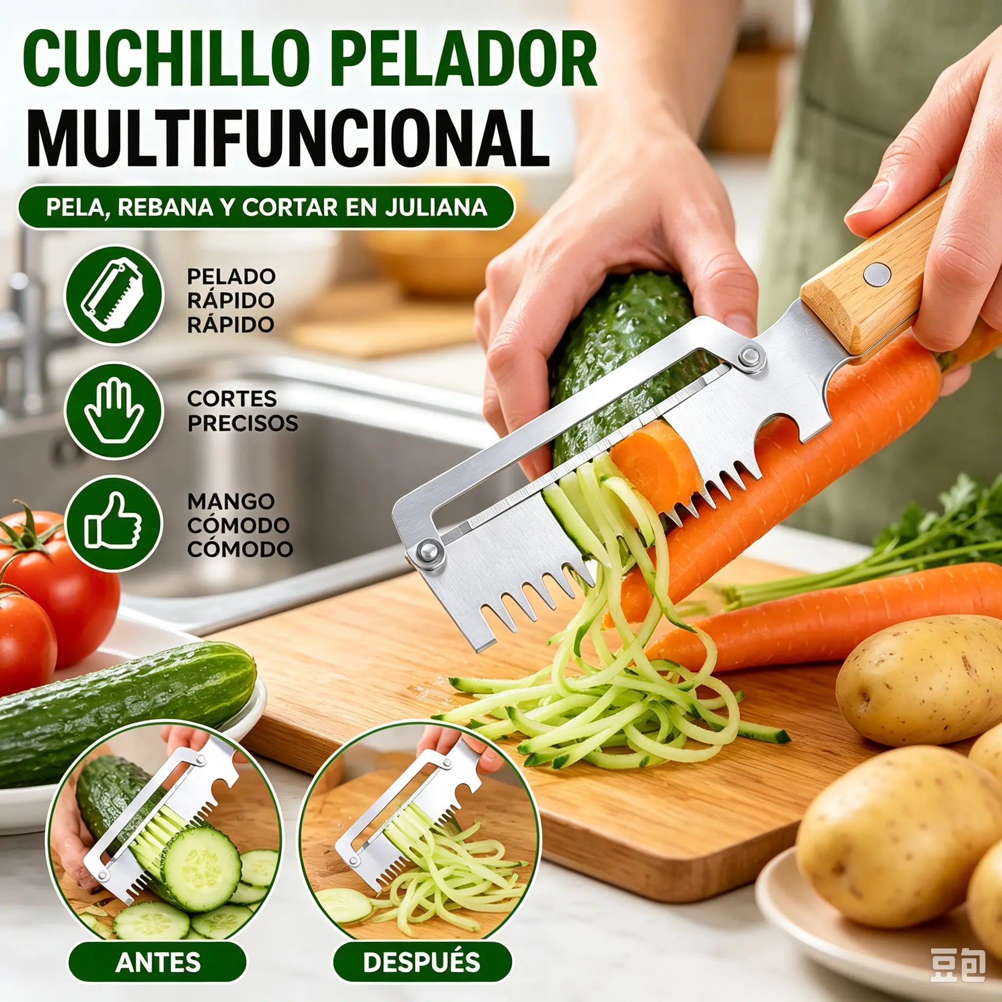 🥳50% de descuento🔥【2 artículos por 23 euros】🧅🔪 Pelador de cocina multifuncional 3 en 1: ¡Pela, pica verduras, corta carne y abre botellas! 🔥