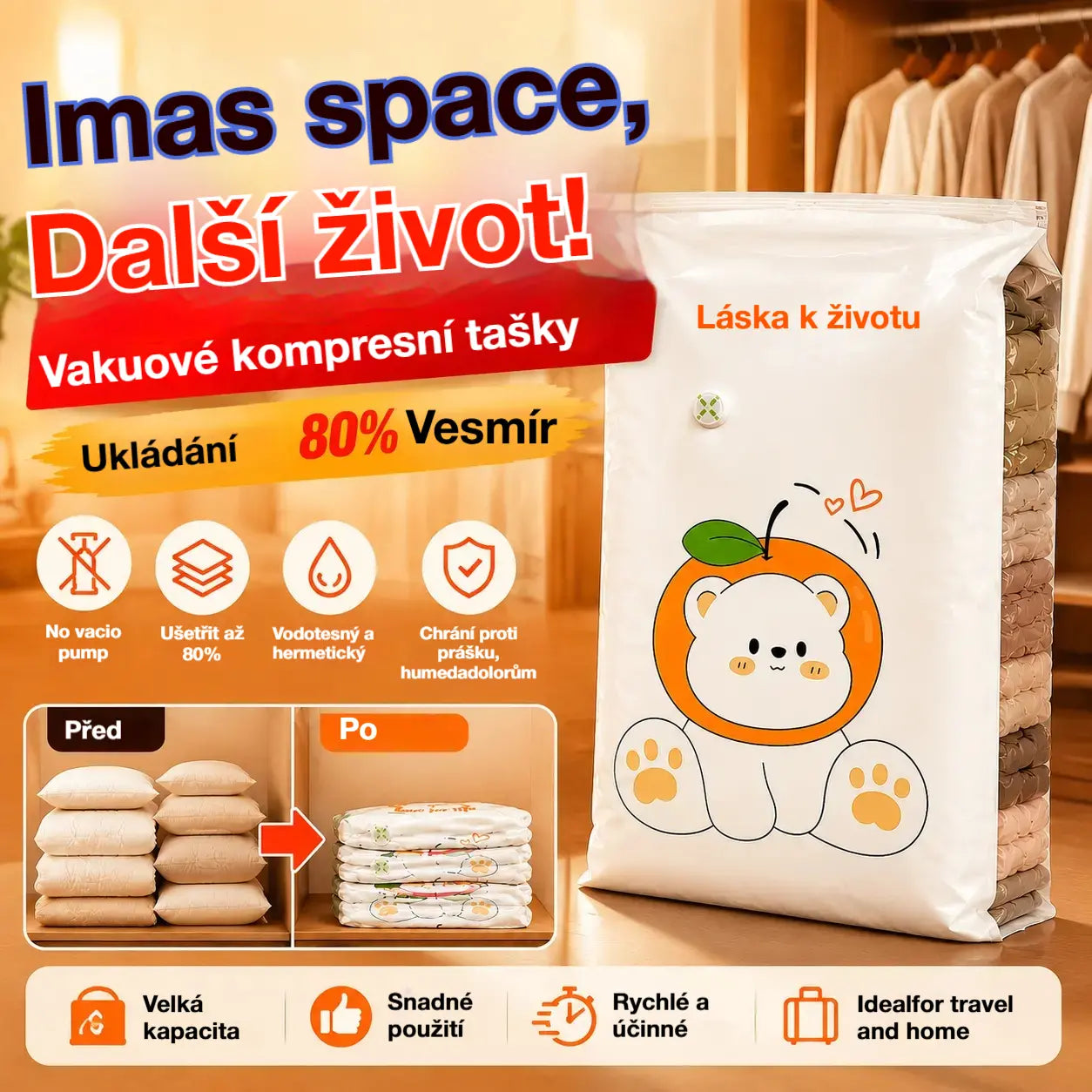 ✨🗃️ Sada 5 kusů 💨 Velké stlačitelné úložné tašky: Není potřeba žádné vzduchové čerpadlo, nepropustné, ideální pro úsporu místa v kufru i doma ✈️