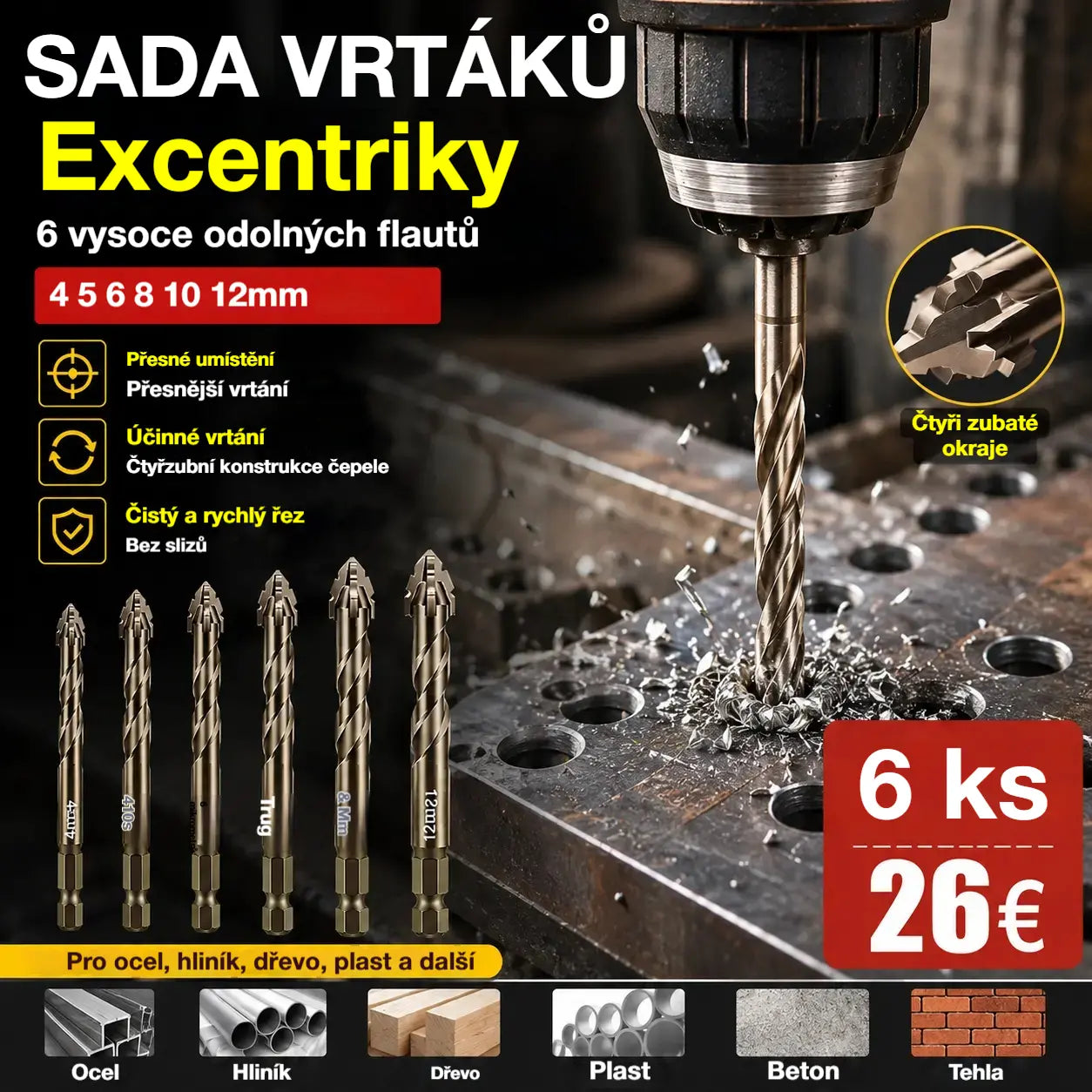 🛠🛠【6 KS 】【4+5+6+8+10+12 mm】Sada vysoce pevných excentrických vrtáků se 6 břity