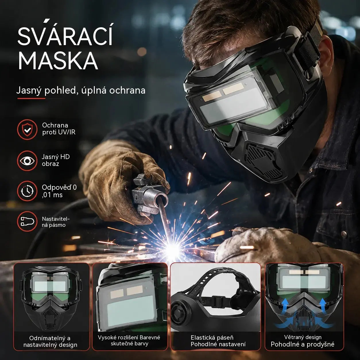 Plně automatická svářečská kukla s přepínáním světel a ochrannou maskou na hlavu pro svářeče