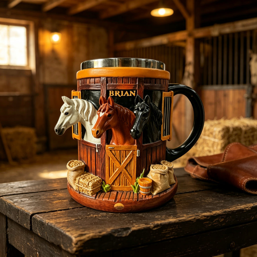 Taza de café 3D con temática de granja y establo de caballos, taza de acero inoxidable con relieve tridimensional, regalo ideal para amantes de los caballos.
