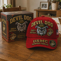 🐶🧢Kézzel hímzett, az amerikai tengerészgyalogság 250. évfordulójára készült "Devil Dog" baseballsapka.