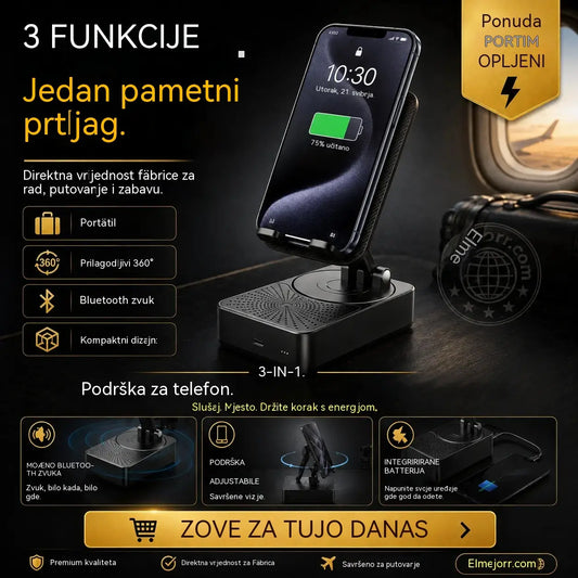 🔥 3 u 1: Bluetooth zvučnik + Punjač + 360° stalak za mobitel 📱🔊⚡