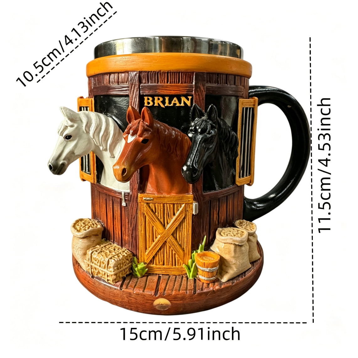 Taza de café 3D con temática de granja y establo de caballos, taza de acero inoxidable con relieve tridimensional, regalo ideal para amantes de los caballos.