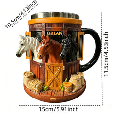 Taza de café 3D con temática de granja y establo, taza de acero inoxidable con relieve tridimensional, regalo ideal para amantes de los caballos.