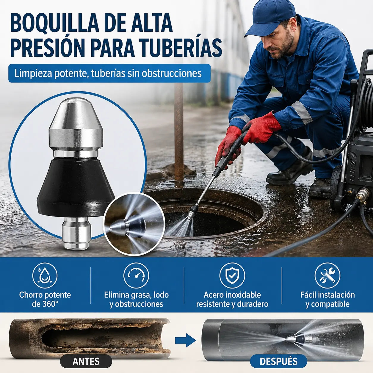 👍【Compra 1 y llévate 1 gratis】🧰Potente boquilla de alta presión, desatascador de tuberías