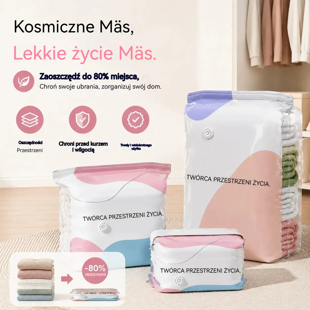 🧳【Zestaw 5 elementów】💨 Duży, kompresowalny worek próżniowy: nie wymaga pompki, szczelny i idealny do oszczędzania miejsca w walizkach i w domu ✈️