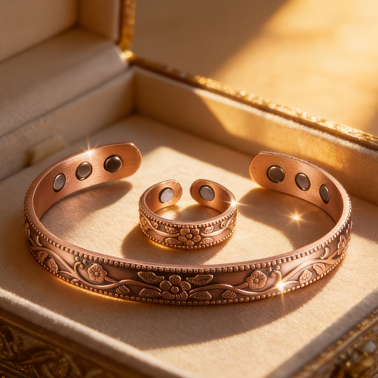 🔥Pulsera + Anillo✨Conjunto creativo de pulsera y anillo magnéticos grabados de estilo retro✨