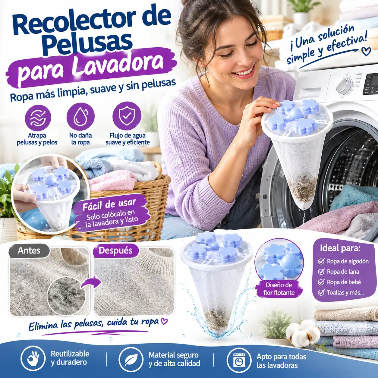🌀6 piezas 25€✨ Filtro Flotante para Lavadora – Atrapa Pelusas, Cabellos y Pelos de Mascota en Cada Lavado 🧺
