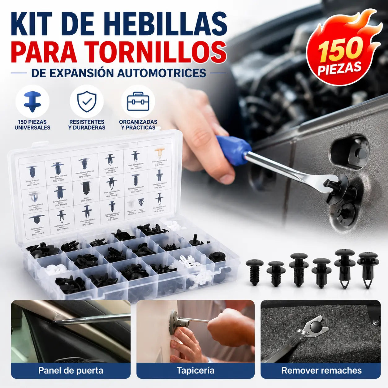 🧰🛠️【Juego de 150 piezas + alicates】Juego de hebillas de plástico para tornillos de expansión automotrices