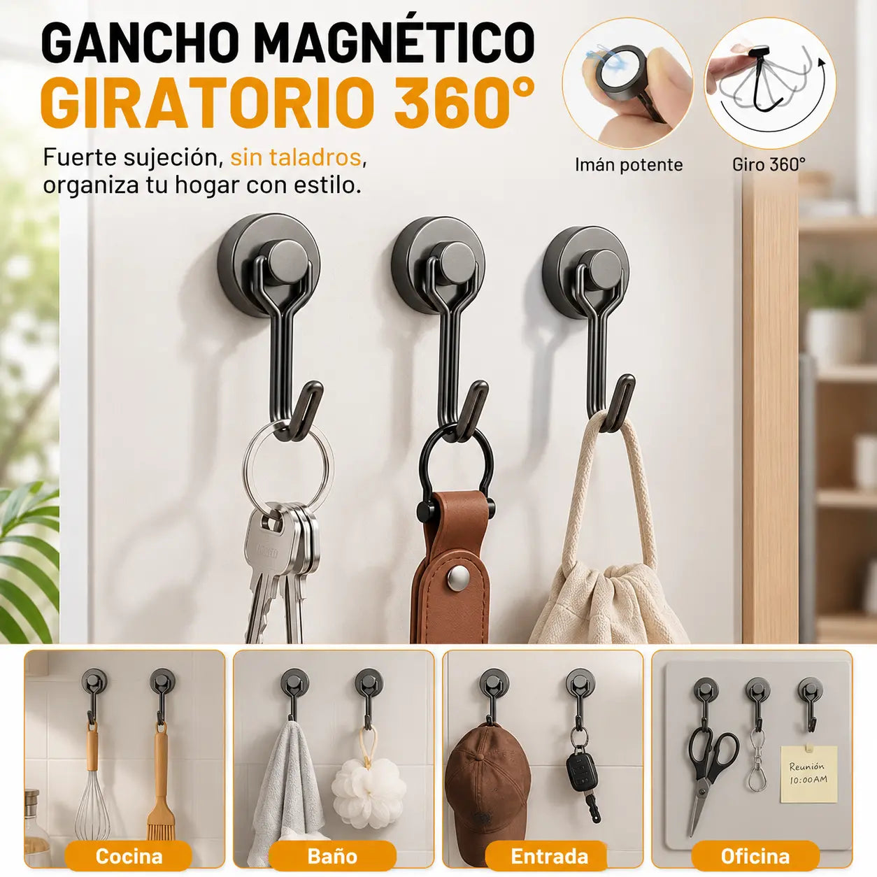 🔥【10 piezas】✨Gancho metálico magnético sin necesidad de taladrar, capacidad de carga máxima de 18 kg.