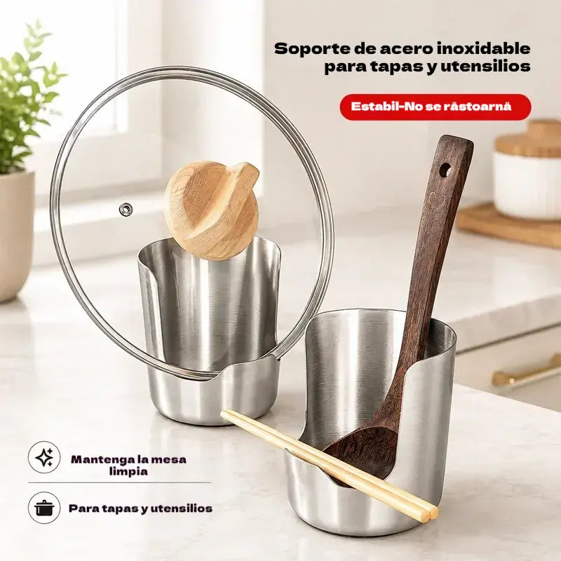 Compra 1 y llévate 1 gratis: 【2 piezas】Soporte para tapa de olla, cucharón y espátula de acero inoxidable: organizador de cocina integrado, estable y antideslizante.
