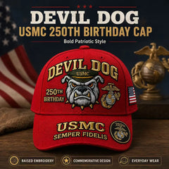 🐶🧢Kézzel hímzett, az amerikai tengerészgyalogság 250. évfordulójára készült "Devil Dog" baseballsapka.