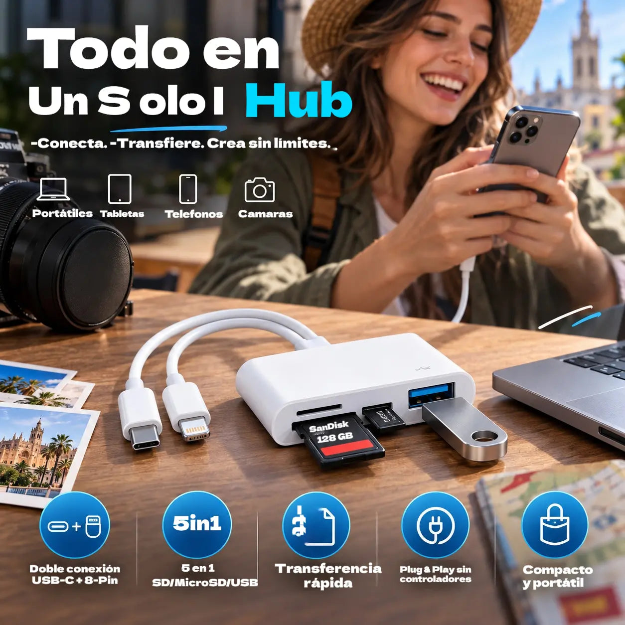 💾✨ Lector de tarjetas 5 en 1, no necesita adaptador: transferencia instantánea de archivos, compatible con tarjetas SD, Micro SD y otras, conectar y usar 🚀🔌