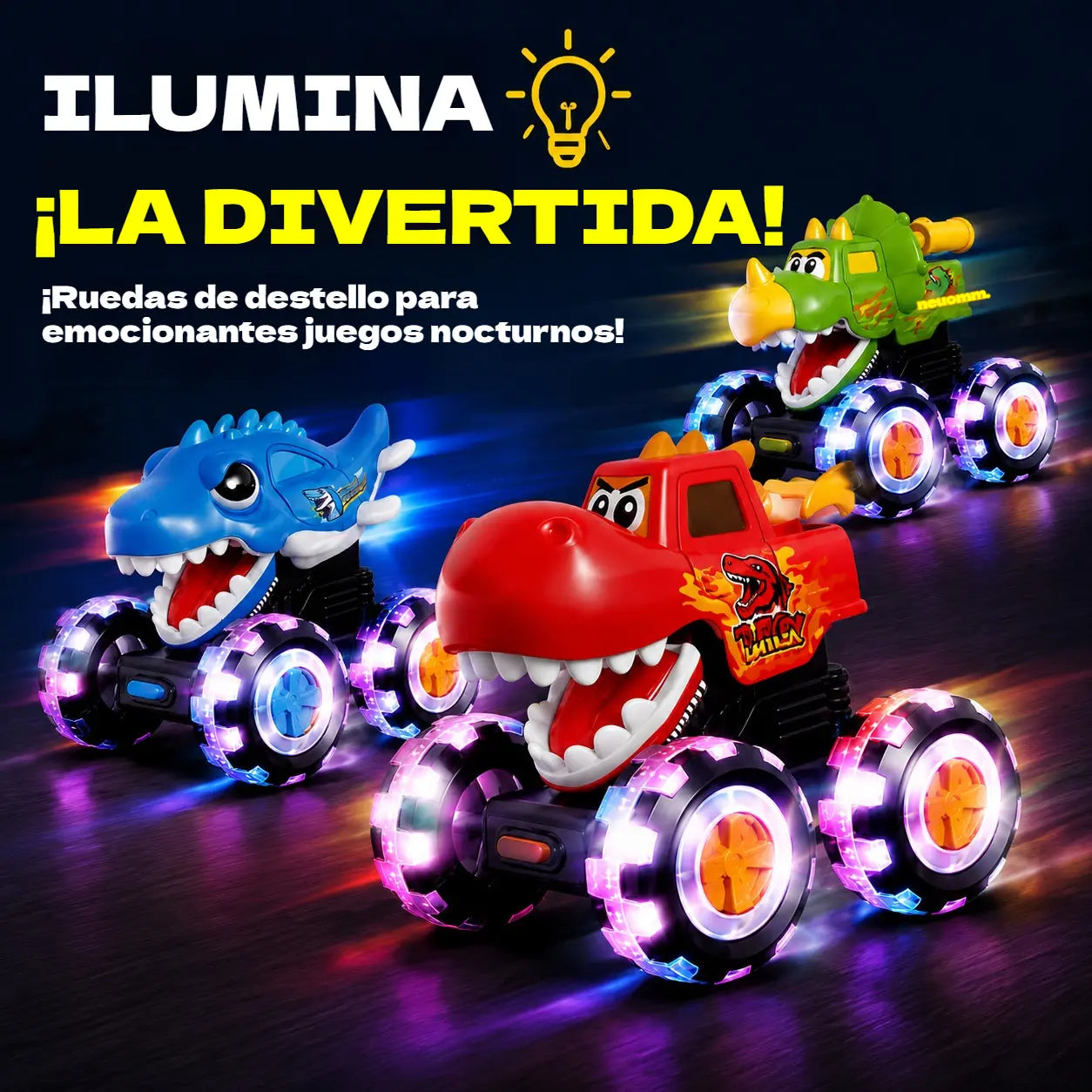🦖🚗 Coche dinosaurio con función de arranque por pulsación: con una ligera presión, sale disparado acompañado de luces intermitentes y un rugido divertido ✨🎮