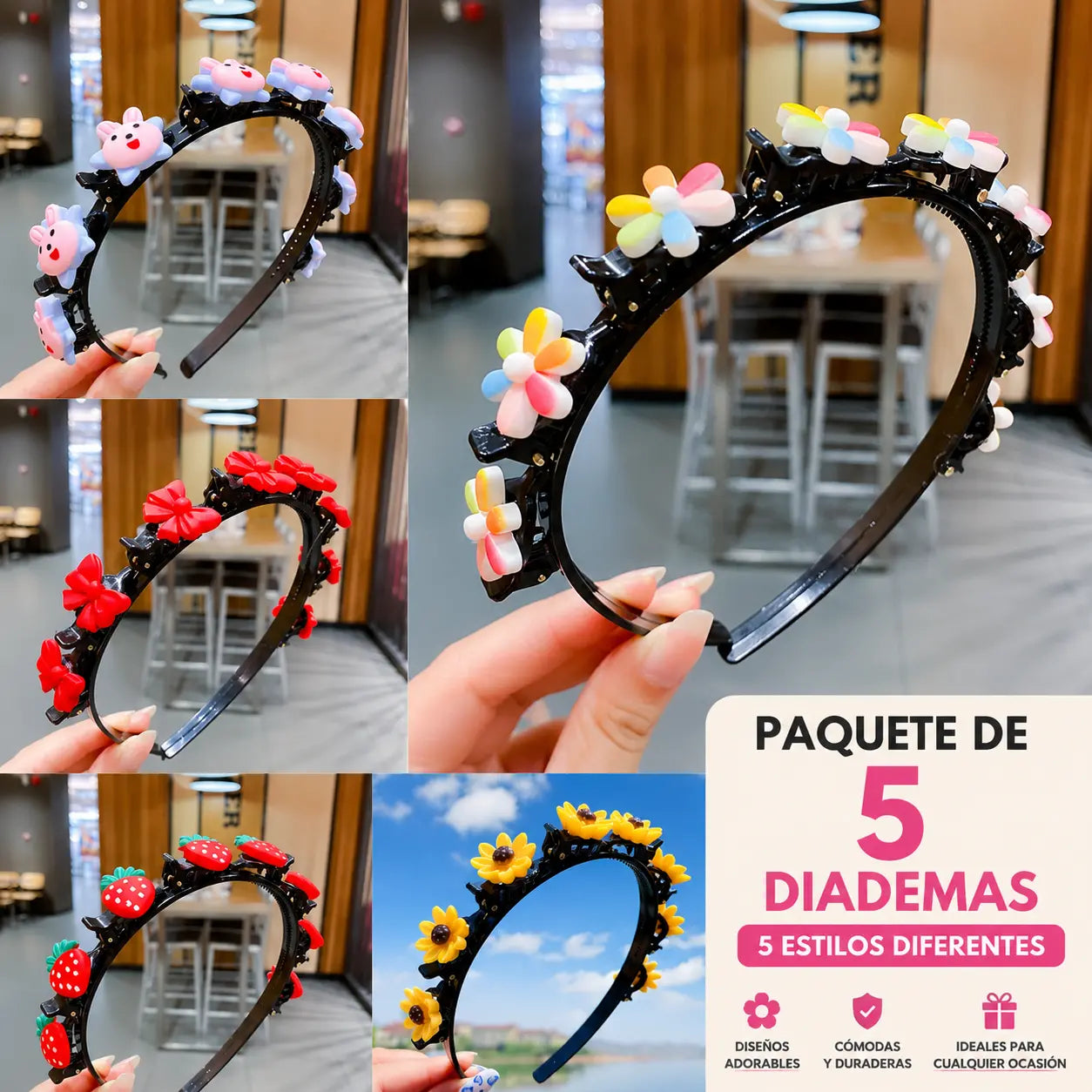 👑【5 piezas】Palitos, pinzas y cintas trenzadas para niñas