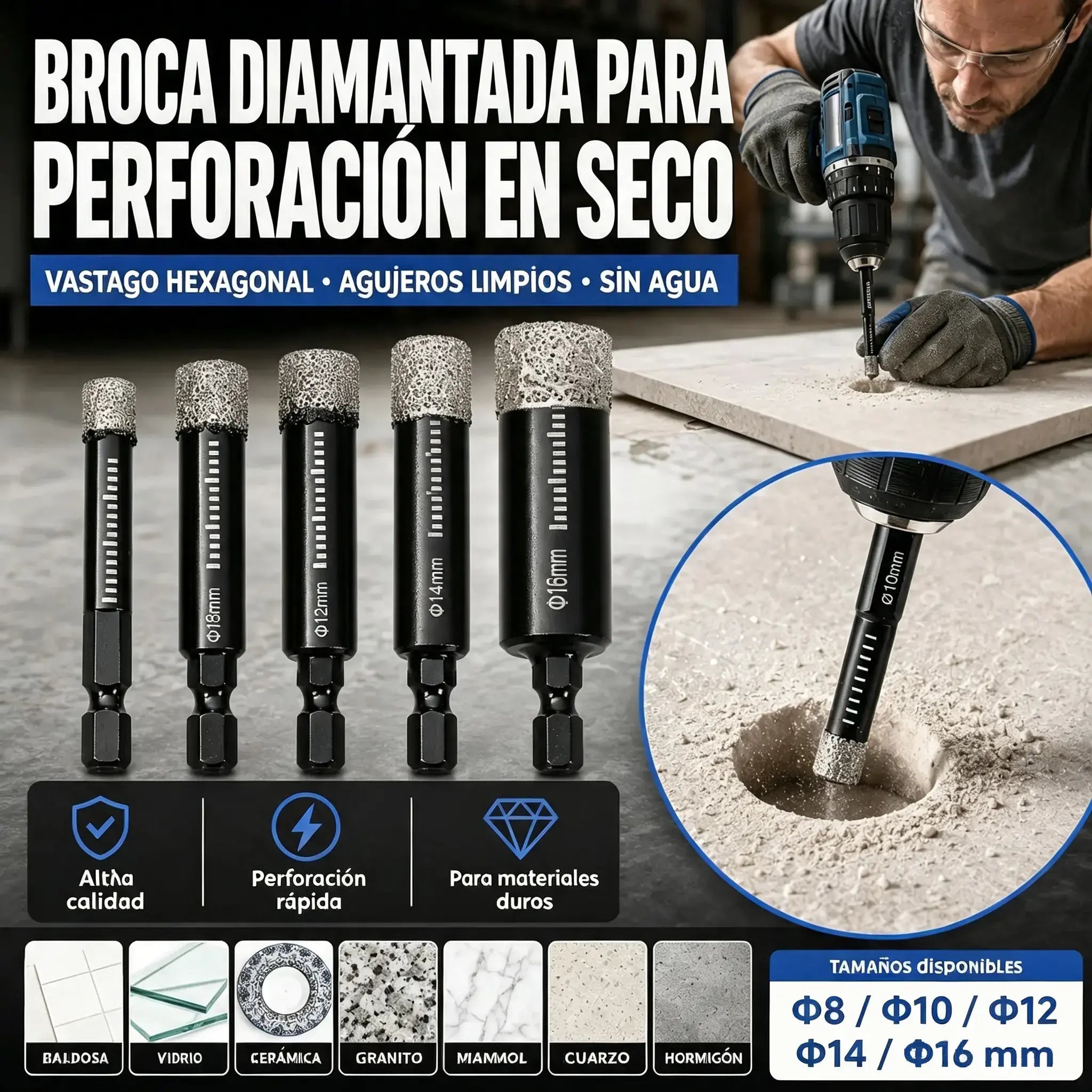 【Cabezal pulido negro de 6/8/10/12/14/16 mm】1 juego por 27 € 🔩 Juego de 6 brocas de diamante para perforaciones precisas en azulejos, cerámica y vidrio.