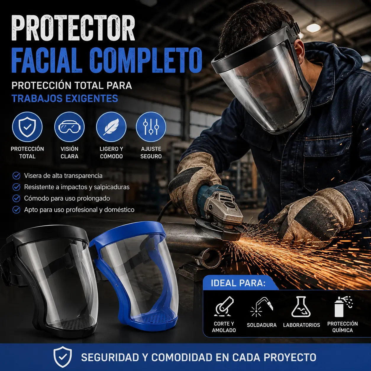 🥽 Máscara facial protectora de alta definición – Pantalla transparente antivaho para soldadura, protege contra salpicaduras, polvo y partículas 🛡️