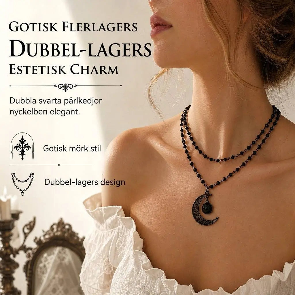 ✨Collar gótico de cuentas de cristal oscuro con colgante de aleación con luna calada🌙