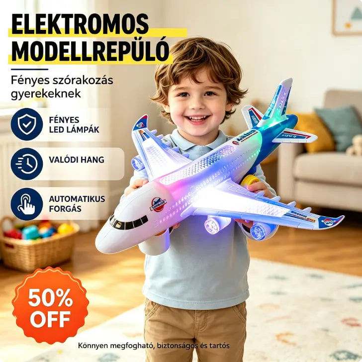🥳🔥 Féláras ajánlat! 📣✈️ Méretarányos elektromos repülőgép modell, valósághű motorhangokkal és villogó LED lámpákkal felszerelve.