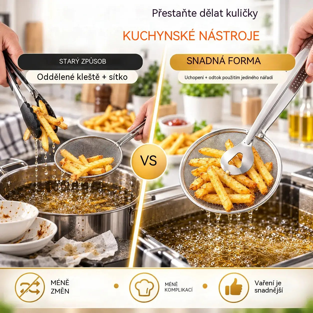 🍟🍗【Kupte 1 a získejte 2 zdarma】2v1 kleště a odpěňovač: Nástroj na smažení a odkapávání z nerezové oceli