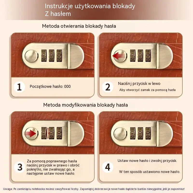 Notatnik zabezpieczony hasłem służy do przechowywania czeków, gotówki, kart bankowych i różnych paragonów.