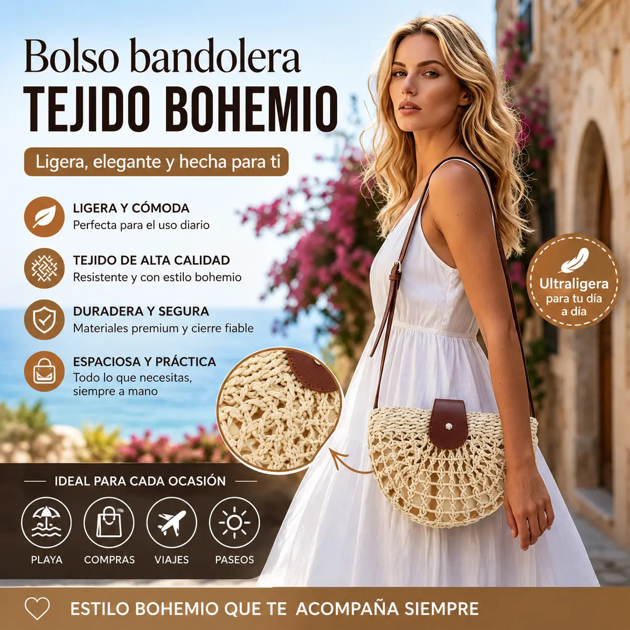 👜 ¡OFERTA LIMITADA 50% DE DESCUENTO! ✨ Bolso bandolera tejido estilo boho, elaborado a mano, correa regulable y muy ligero ✨