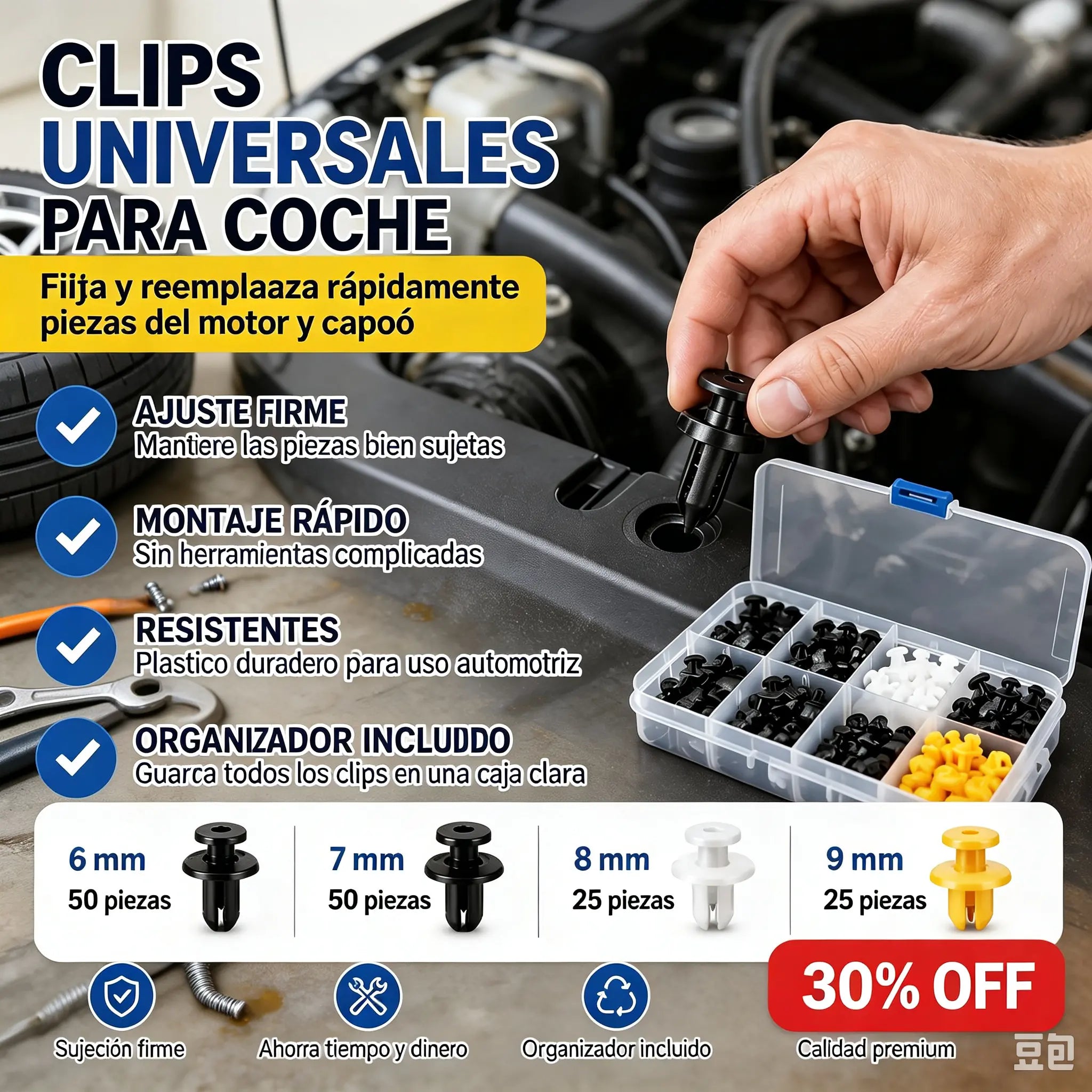 🚗(1 paquete contiene 150 unidades)🔧 Juego de clips de plástico universales para varillas de soporte de amortiguadores de coche