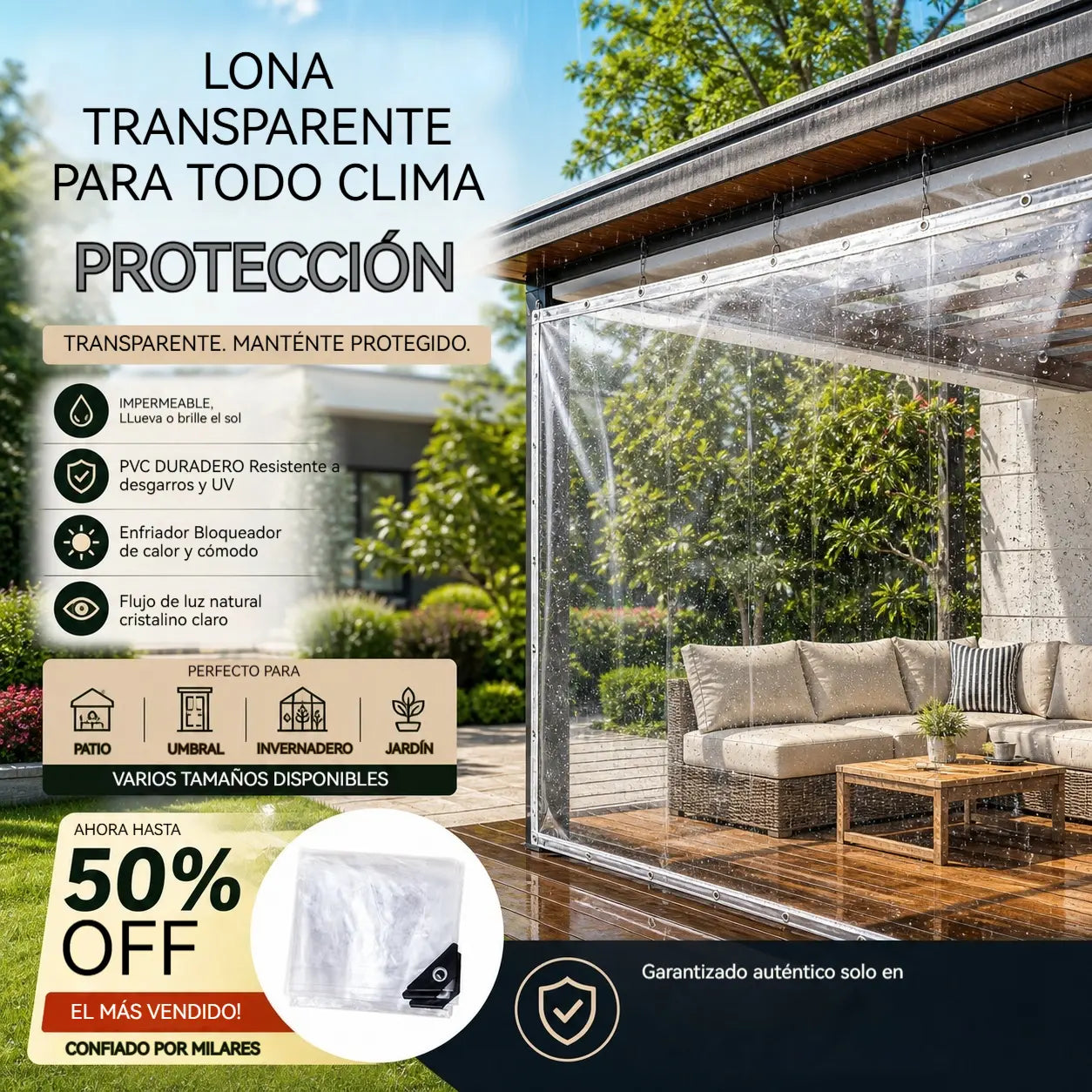 🔥 Lona Transparente Reforzada 14 Mil, Impermeable y Cortavientos para Exterior 🏡🌧️