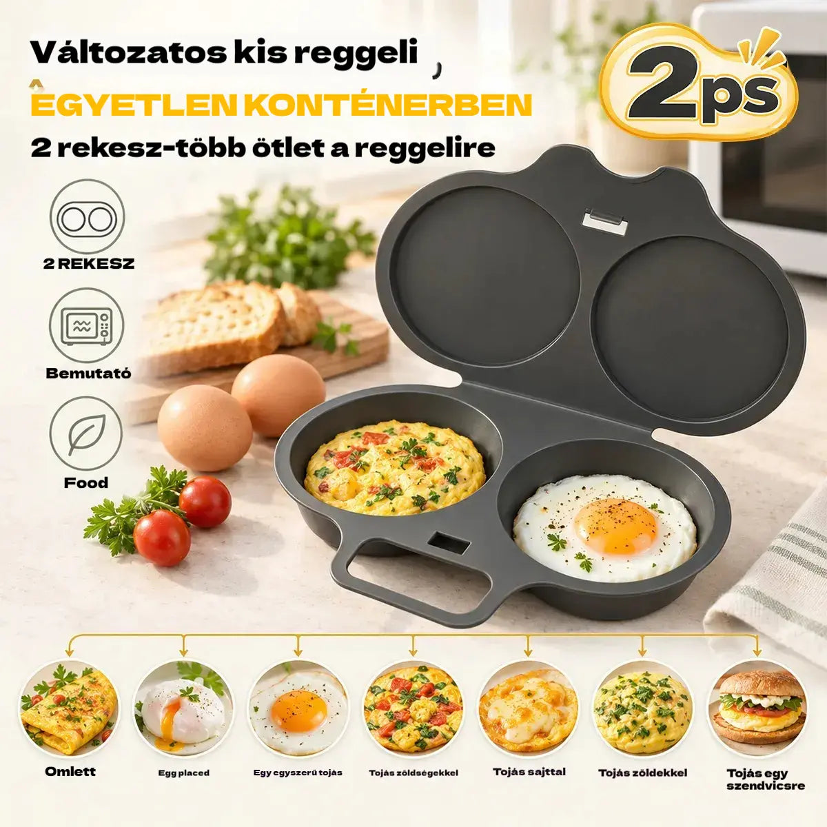 🍳 Élelmiszeripari minőségű, mikrohullámú sütőben süthető párolt/tükörtojás forma [Vásárolj egyet, kapsz kettőt ingyen – kapsz 2 darabot] | Egészséges, olajmentes reggeli, percek alatt elkészíthető 🥪