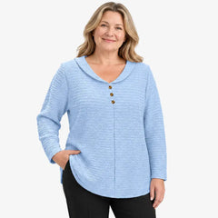 🔥【XL-5XL】🎁💖 Nový dámsky top pre plnšie veľkosti so zapínaním na gombíky, jednofarebný; z textúrovanej, skladanej látky a okrúhlym výstrihom (v štýle Petra Pana).