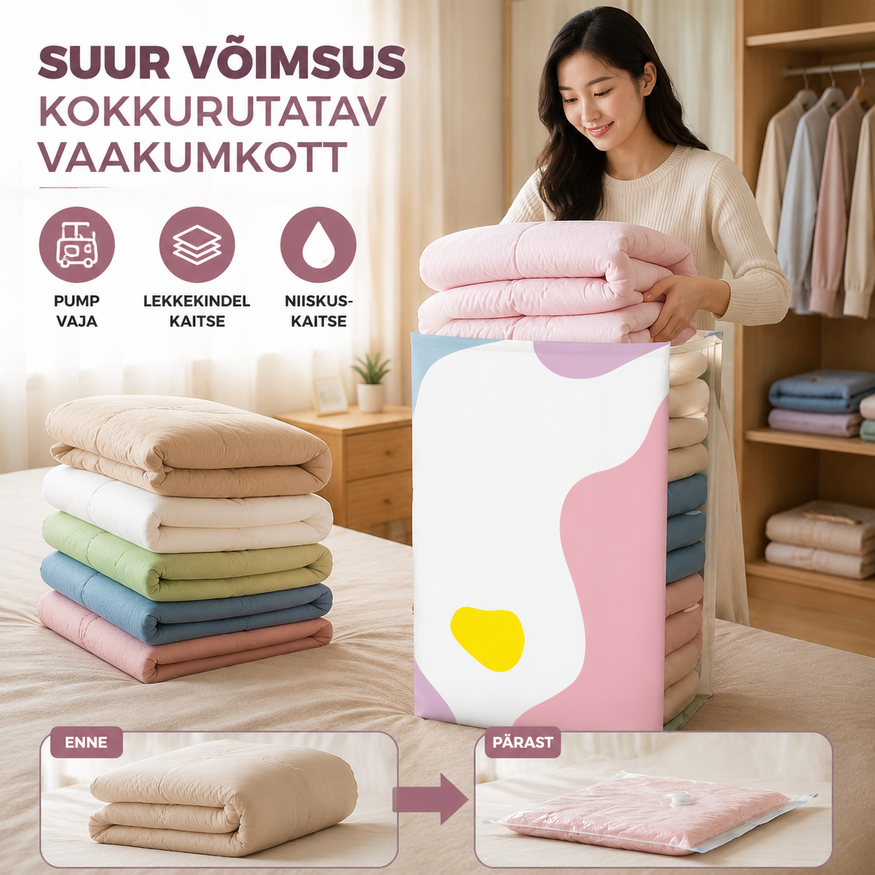【5-osaline komplekt】 Suur, kokkusurutav vaakumkott: pumpa pole vaja, lekkekindel ja ideaalne ruumi kokkuhoiuks kohvrites ja kodus